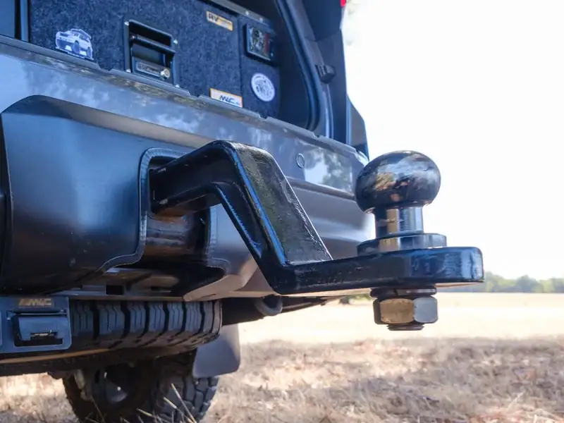 Tow ball and hitch on the rear of a 4WD, close up: where the trailer's ball weight lands